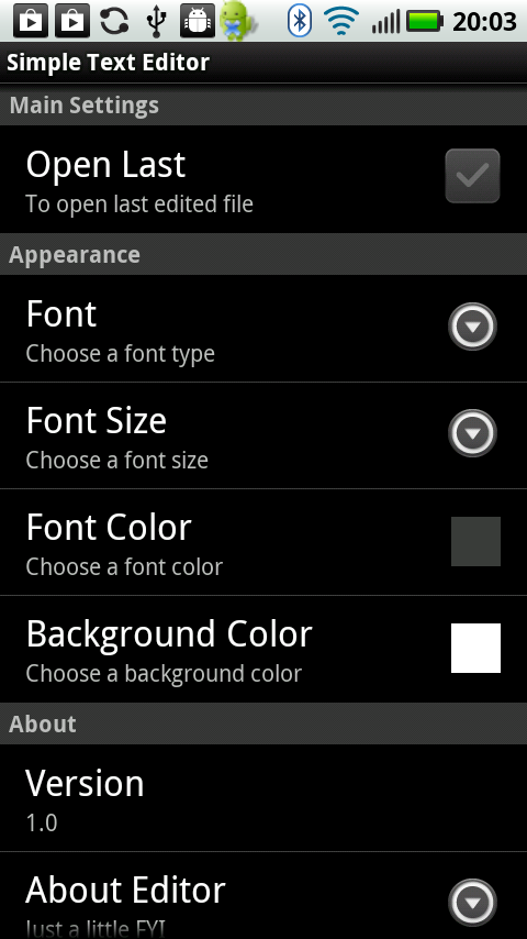 Simple Text Editor settings screen